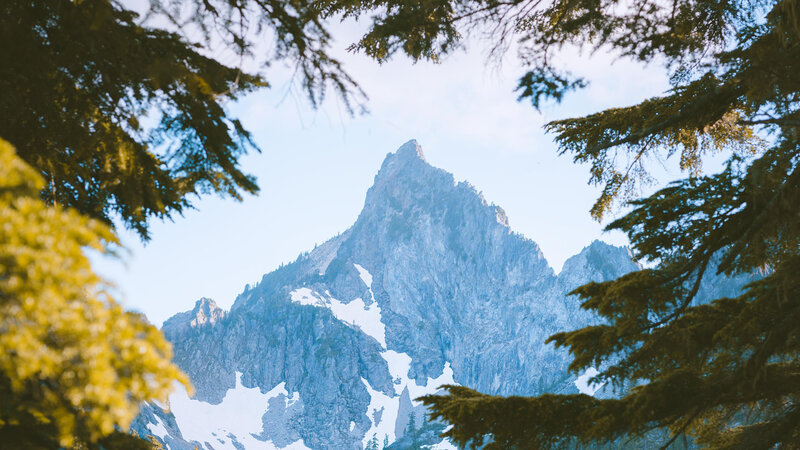 Snow-capped Mountain Peak — Blue, Serene, Morning, Photograph, Trees, Snow