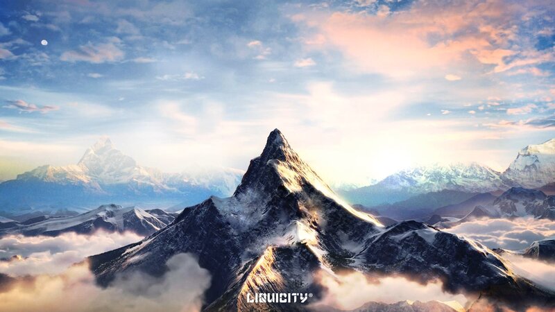 Snow-capped Mountain Peak — Blue, Serene, Sunrise, Digital Art, Clouds, Moon