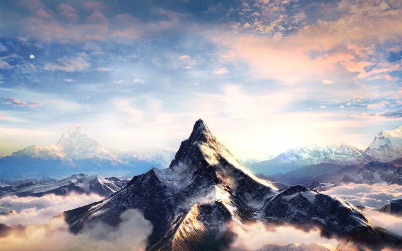 Snow-capped Mountain Peak — Blue, Serene, Sunrise, Digital Art, Clouds