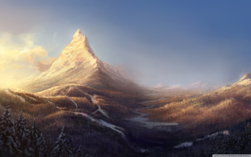 Snow-capped Mountain Peak — Blue, Serene, Sunrise, Digital Art