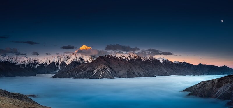 Snow-capped Mountain Peak — Blue, Serene, Sunrise, Photograph, Clouds