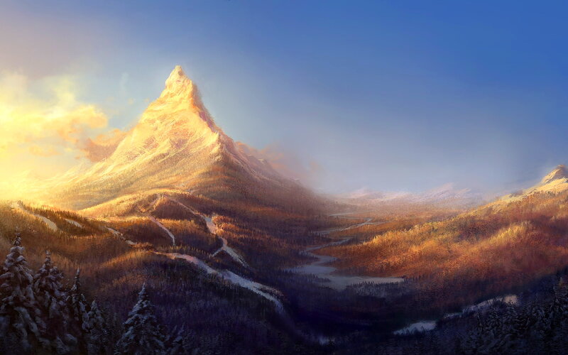 Snow-capped Mountain Peak — Blue, Serene, Sunset, Digital Art
