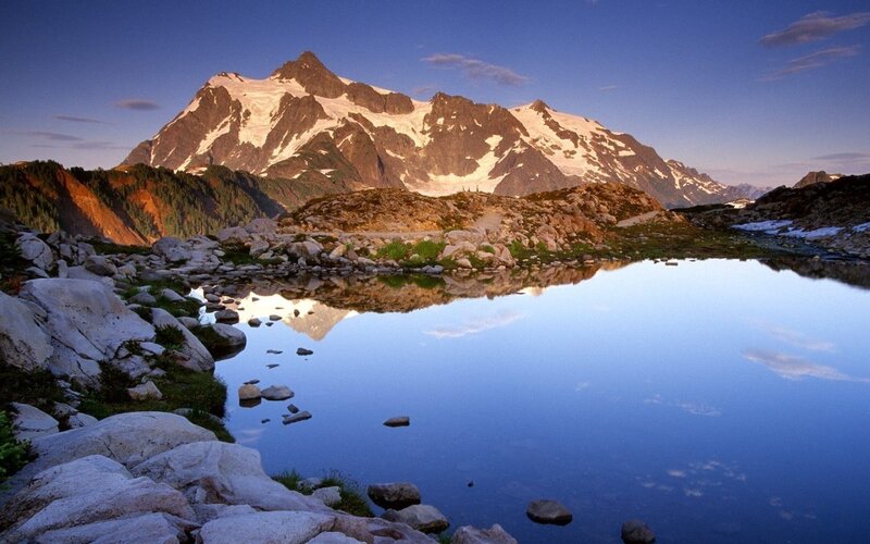 Snow-capped Mountain Peak — Blue, Serene, Sunset, Photograph, Lake, Rocks