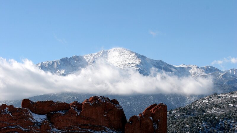 Snow-capped Mountain Peak — Blue, Serene, Winter, Photograph, Clouds, Red Rocks