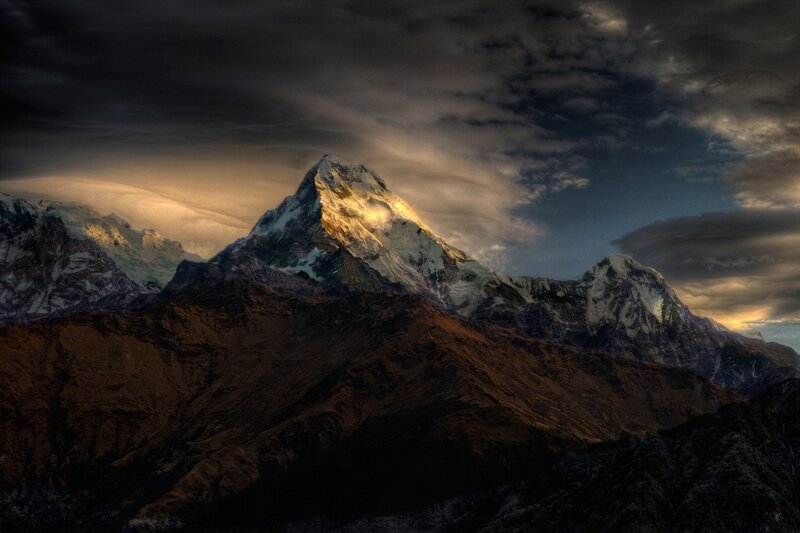 Snow-capped Mountain Peak — Brown, Dramatic, Sunset