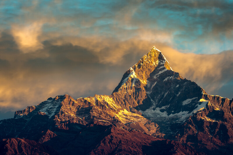 Snow-capped Mountain Peak — Gold, Dramatic, Sunset