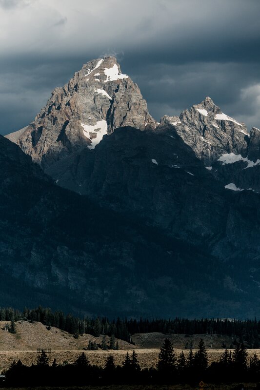 Snow-capped Mountain Peak — Gray, Dramatic, Photograph, Clouds, Forest