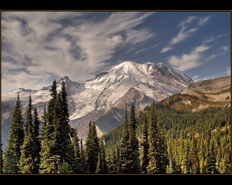 Snow-capped Mountain Peak — Green, Dramatic, Afternoon, Photograph, Trees, Clouds