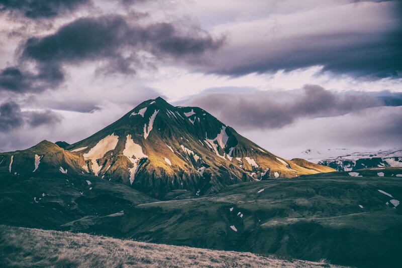 Snow-capped Mountain Peak — Green, Dramatic, Sunset