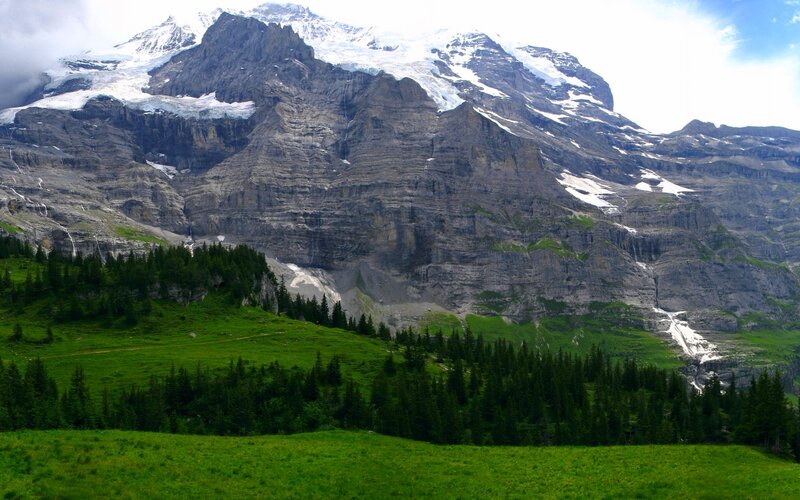 Snow-capped Mountain Peak — Green, Serene, Afternoon, Photograph, Forest, Glacier