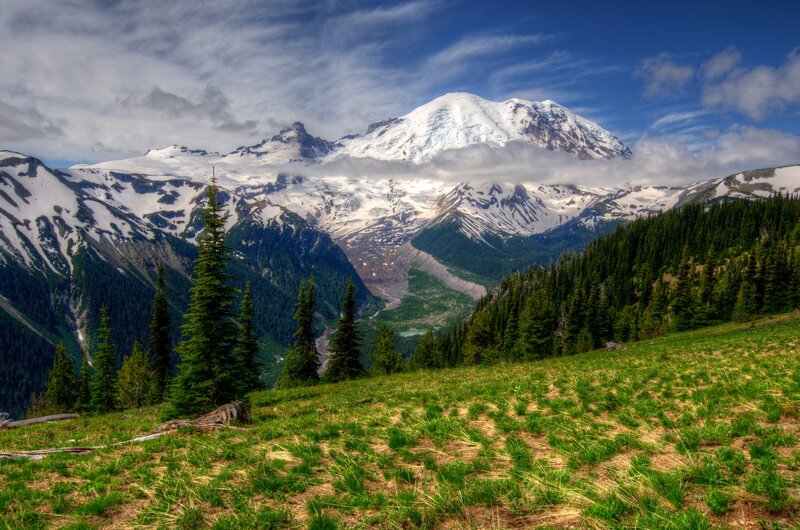 Snow-capped Mountain Peak — Green, Serene, Afternoon, Photograph, Forest, Valley, Clouds