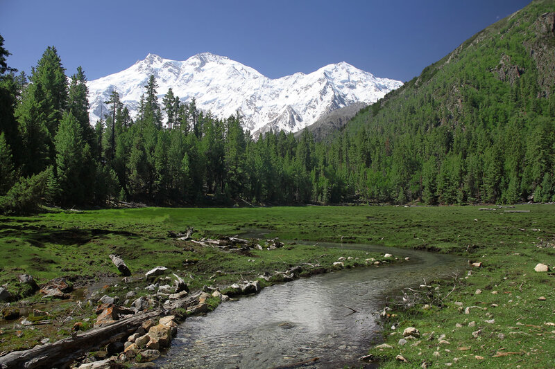 Snow-capped Mountain Peak — Green, Serene, Afternoon, Photograph, River