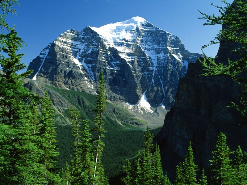 Snow-capped Mountain Peak — Green, Serene, Afternoon, Photograph, Trees, Sky