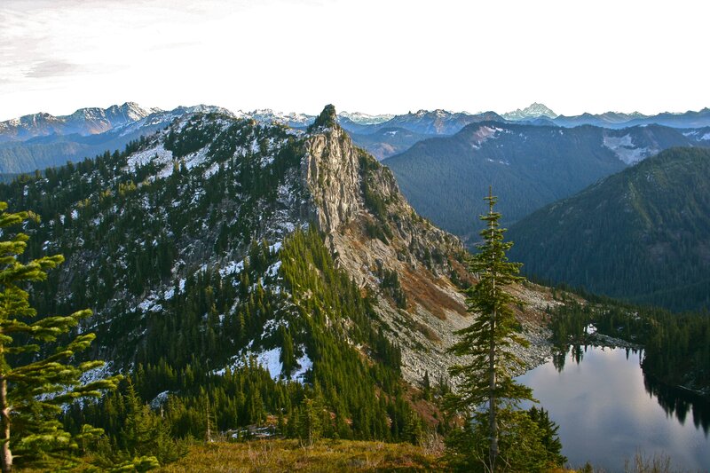 Snow-capped Mountain Peak — Green, Serene, Morning, Photograph, Forest