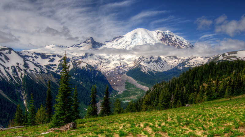 Snow-capped Mountain Peak — Green, Serene, Summer, Photograph, Forest, Valley