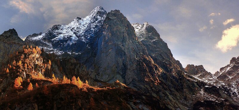 Snow-capped Mountain Peak — Orange, Dramatic, Autumn