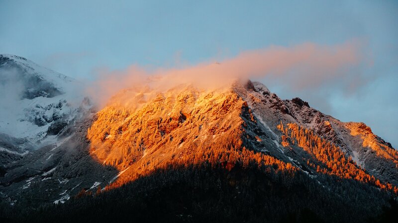 Snow-capped Mountain Peak — Orange, Dramatic, Sunrise, Photograph, Clouds