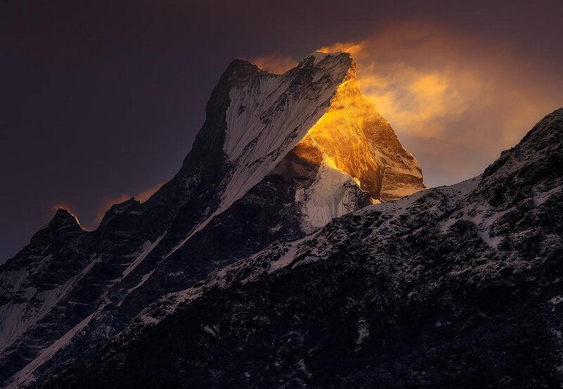 Snow-capped Mountain Peak — Orange, Dramatic, Sunrise, Photograph