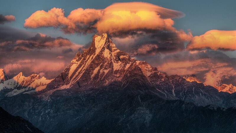 Snow-capped Mountain Peak — Orange, Dramatic, Sunset, Photograph, Clouds, Mountains