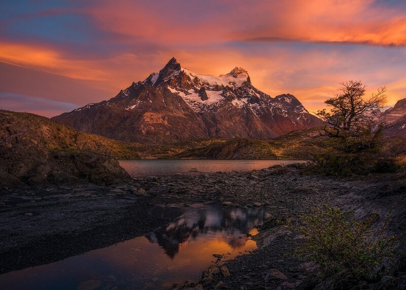 Snow-capped Mountain Peak — Orange, Dramatic, Sunset, Photograph, Lake