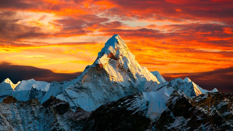 Snow-capped Mountain Peak — Orange, Dramatic, Sunset, Photograph, Mountains