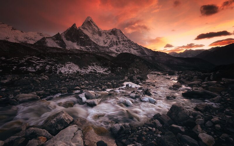 Snow-capped Mountain Peak — Orange, Dramatic, Sunset, Photograph, River