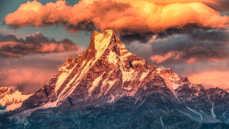 Snow-capped Mountain Peak — Orange, Dramatic, Sunset, Photograph