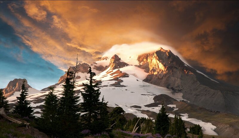 Snow-capped Mountain Peak — Orange, Dramatic, Sunset, Photograph, Trees