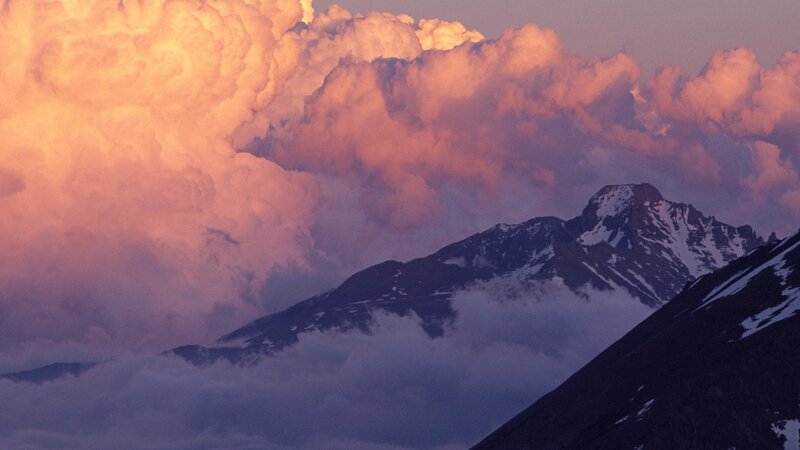 Snow-capped Mountain Peak — Pink, Dramatic, Sunset, Photograph, Clouds, Sky, Purple