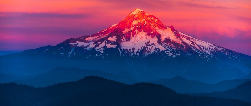 Snow-capped Mountain Peak — Pink, Dramatic, Sunset, Photograph, Sky, Forest