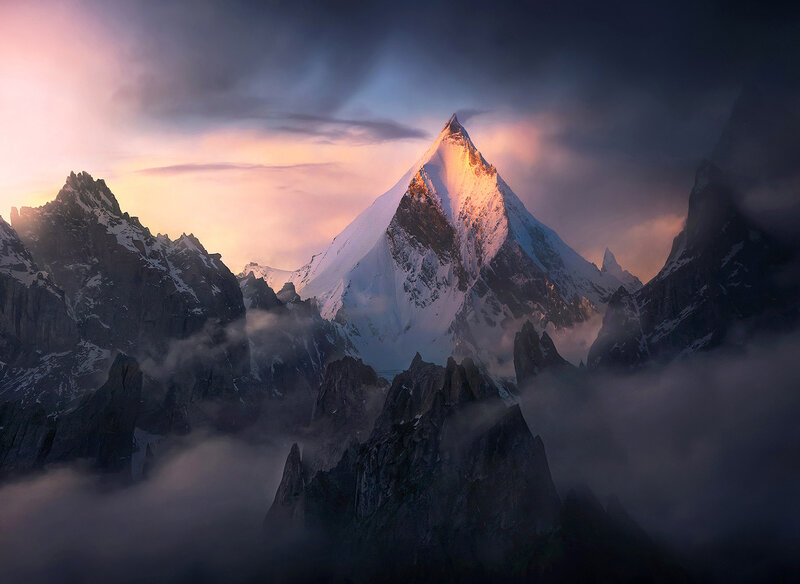 Snow-capped Mountain Peak — Purple, Dramatic, Sunset, Photograph, Mountains, Clouds