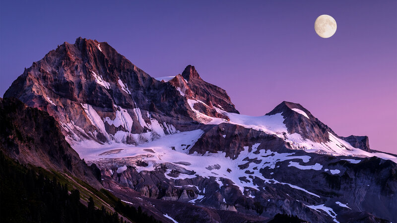 Snow-capped Mountain Peak — Purple, Serene, Night, Photograph, Moon