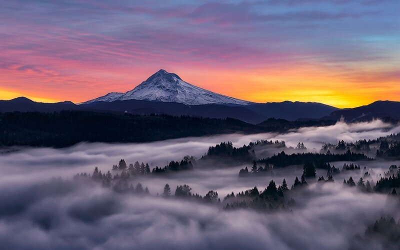 Snow-capped Mountain Peak — Purple, Serene, Sunset, Photograph, Fog