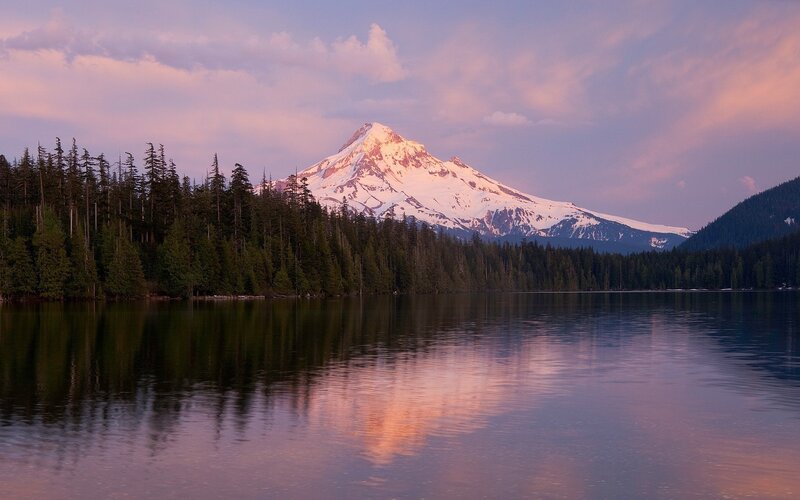 Snow-capped Mountain Peak — Purple, Serene, Sunset, Photograph, Lake