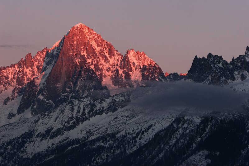 Snow-capped Mountain Peak — Red, Dramatic, Sunrise, Photograph