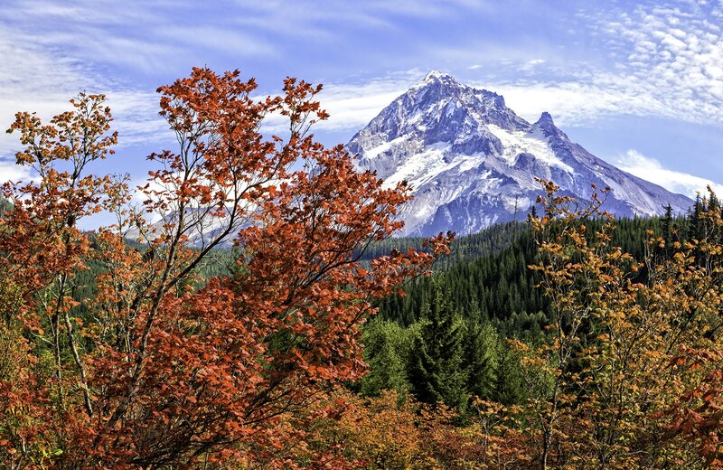 Snow-capped Mountain Peak — Red, Serene, Autumn