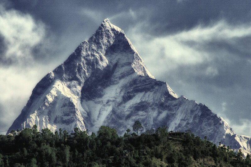 Snow-capped Mountain Peak — White, Dramatic, Photograph, Clouds, Trees