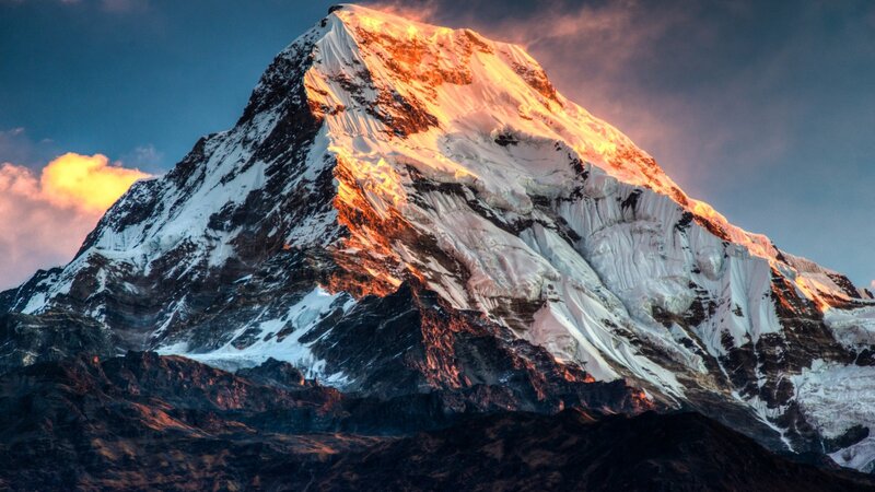 Snow-capped Mountain Peak — White, Dramatic, Sunrise