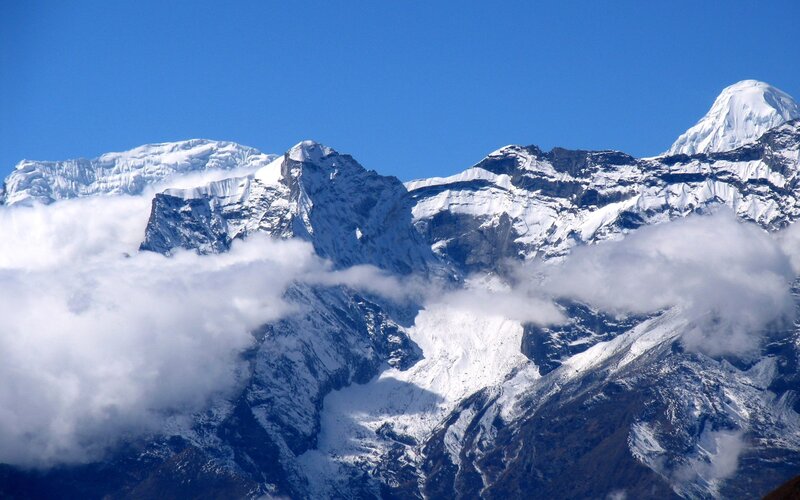 Snow-capped Mountain Peaks — Blue, Dramatic, Afternoon, Photograph, Clouds, Sky