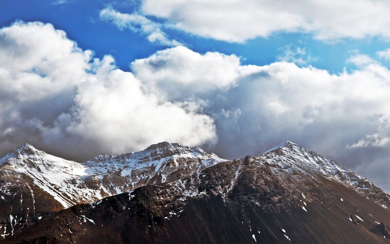 Snow-capped Mountain Peaks — Blue, Dramatic, Photograph, Clouds, Sky