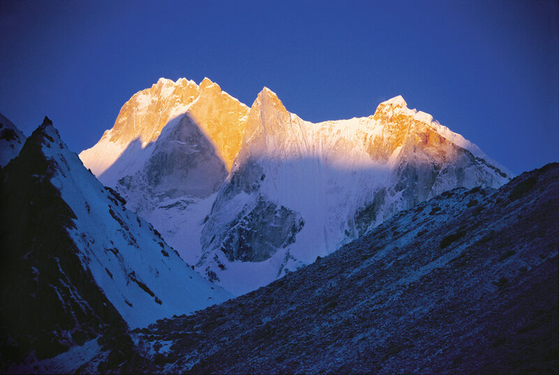 Snow-capped Mountain Peaks — Blue, Dramatic, Sunrise, Photograph, Mountains, Snow