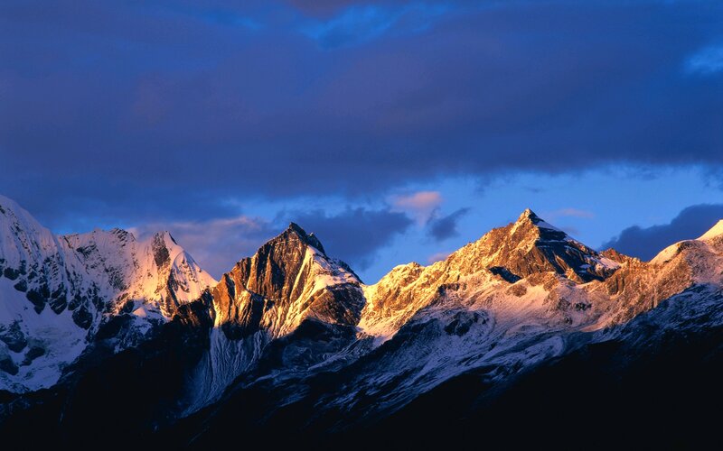 Snow-capped Mountain Peaks — Blue, Dramatic, Sunrise