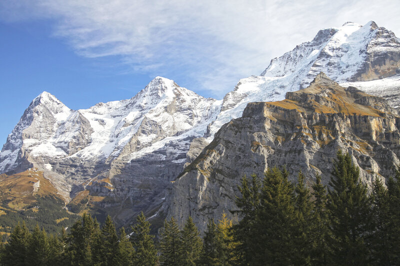 Snow-capped Mountain Peaks — Blue, Serene, Afternoon, Photograph, Trees, Rock