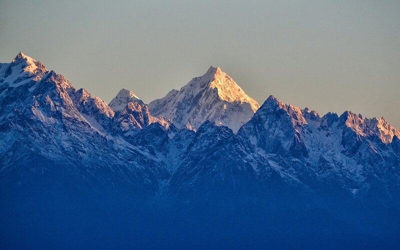 Snow-capped Mountain Peaks — Blue, Serene, Sunrise