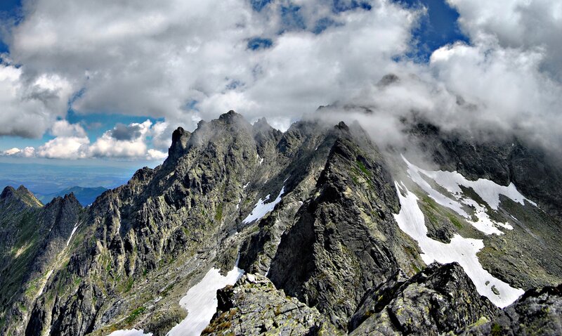 Snow-capped Mountain Peaks — Gray, Dramatic, Afternoon, Photograph, Clouds, Rocks