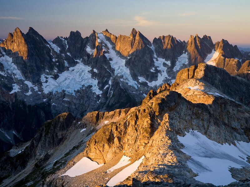 Snow-capped Mountain Peaks — Gray, Dramatic, Sunrise