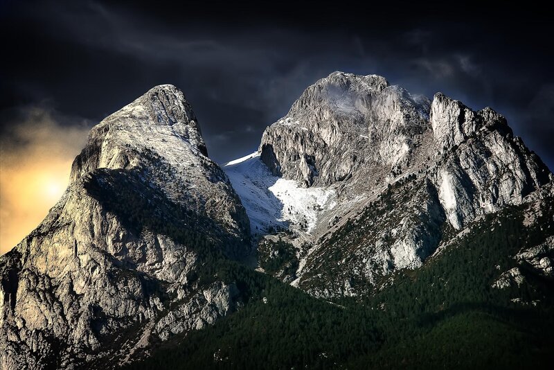 Snow-capped Mountain Peaks — Gray, Dramatic, Sunset, Photograph, Mountains