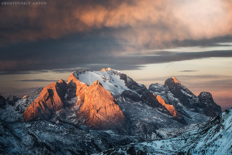 Snow-capped Mountain Peaks — Orange, Dramatic, Sunrise