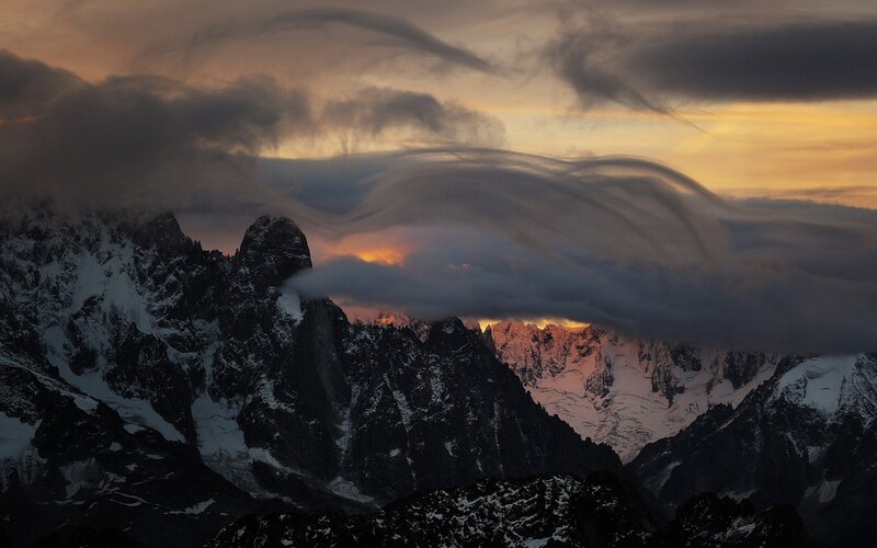 Snow-capped Mountain Peaks — Orange, Dramatic, Sunset