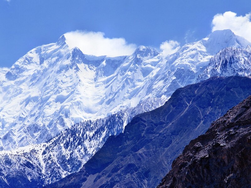 Snow-capped Mountain Range — Blue, Dramatic, Afternoon, Photograph, Clouds, Forests